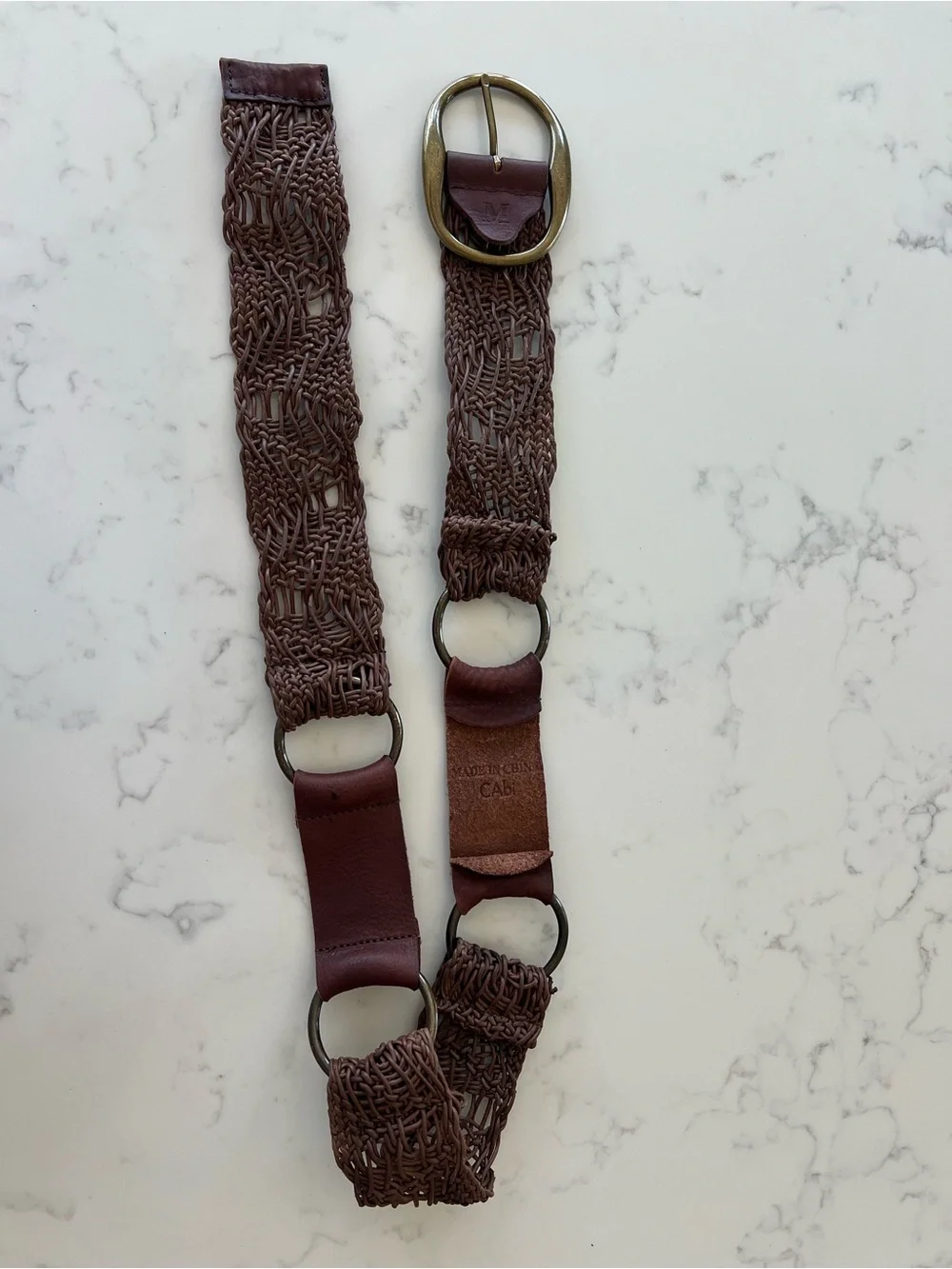 Boho Western CAbi Brown Woven Macrame 100% Leather Festival Hip Belt